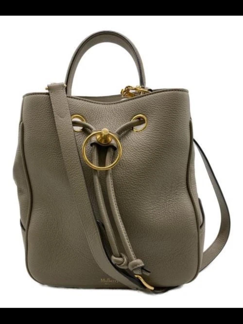 Mulberry Olive Leather Drawstring Bucket Tote with Gold Ring